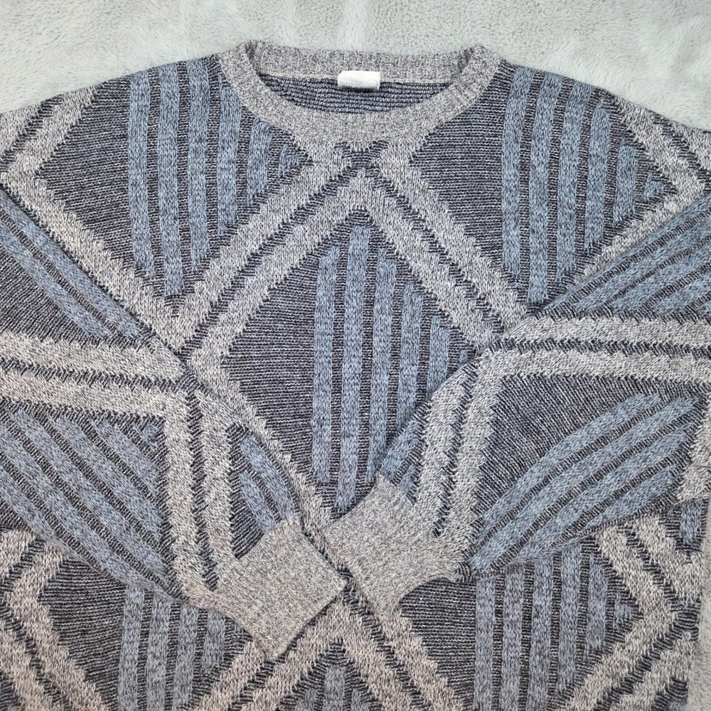 Mäser Wool Alpaca Geometric Crewneck Sweater Mens 42 Geometric Grey Blue Vintage